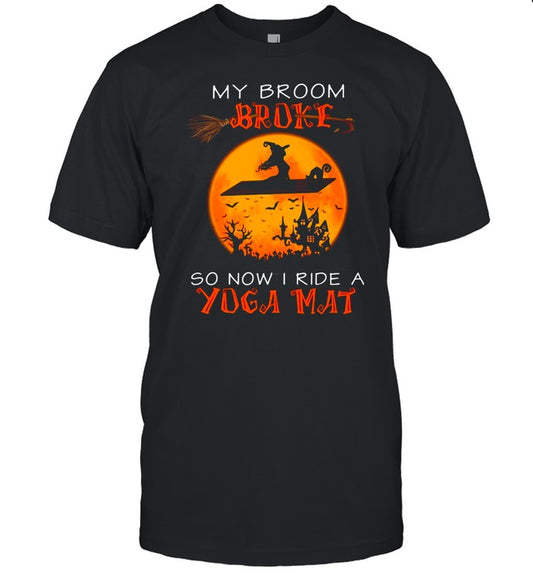 Witch And Cat My Broom Broke So Now I Ride A Yoga Mat Halloween T shirt