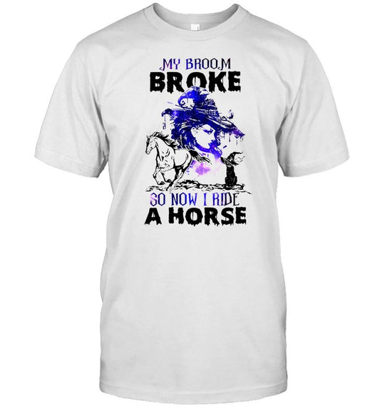 Witch Girl And Cat My Broom Broke So Now I Ride A Horse Halloween T shirt