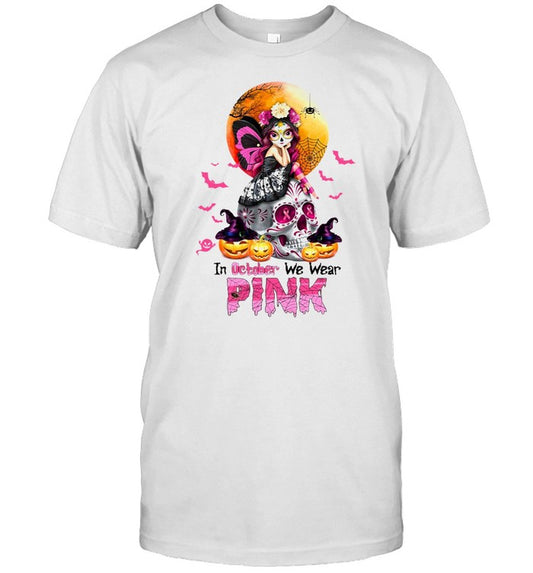 Witch Girl Skull In October We Wear Pink Halloween T shirt