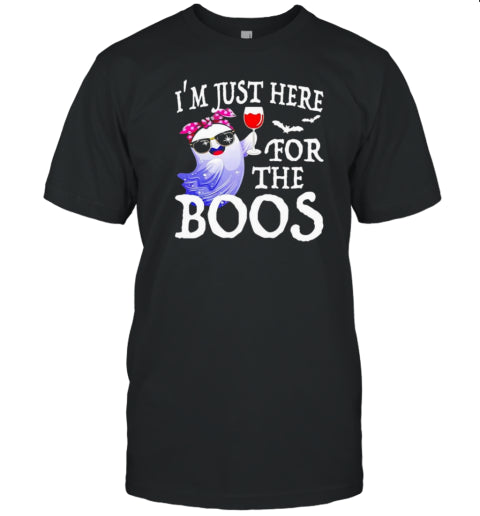 Women Im Just Here For The Boos Cute Halloween Ghost Wine Design T Shirt